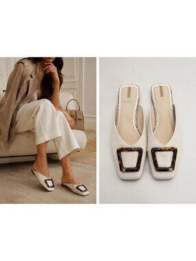 Sam Edelman Ivory Leather Square Toe Tortoise Buckle Mules Size 7.5
